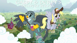 Size: 2063x1161 | Tagged: safe, artist:cheezedoodle96, artist:not-yet-a-brony, derpy hooves, gabby, griffon, pegasus, g4, 2024, bag, duo, duo female, female, hayao miyazaki, i'm gonna fly, july, kiki's delivery service, lyrics in the description, mailbag, mailmare, mare, movie reference, song in the description, song reference, studio ghibli, youtube link in the description