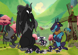 Size: 1414x1000 | Tagged: safe, artist:zetikoopa, ahuizotl, pony of shadows, ahuizotl (species), dog, shadow pony, them's fightin' herds, g4, bridge, community related, cute, duo, male, puppy, sheep dog, tree, windmill