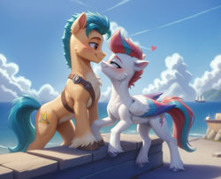 Size: 4114x3328 | Tagged: safe, ai assisted, ai content, artist:adorablebluefox, generator:bluefox mix, generator:stable diffusion, hitch trailblazer, zipp storm, earth pony, pegasus, pony, g5, adorazipp, affection, blue sky, blush lines, blushing, boat, cheek fluff, chest fluff, cloud, cloudy, concave belly, cute, detailed, detailed background, duo, duo male and female, ear fluff, female, floppy ears, folded wings, heart, high res, hitchbetes, hoof fluff, island, leg fluff, lidded eyes, looking at each other, looking at someone, looking up, male, mare, mountain, neck fluff, ocean, physique difference, police badge, romantic, seaside, ship:stormblazer, shipping, sky, smiling, smug, smugzipp, stallion, sternocleidomastoid, stone wall, straight, unshorn fetlocks, water, wings