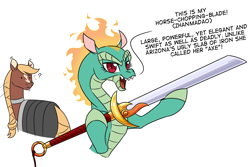 Size: 2400x1600 | Tagged: safe, artist:thescornfulreptilian, tianhuo (tfh), oc, oc:sila, dragon, horse, hybrid, longma, them's fightin' herds, community related, simple background, sword, weapon, white background