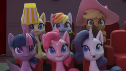 Size: 1920x1080 | Tagged: safe, screencap, applejack, fluttershy, pinkie pie, rainbow dash, rarity, twilight sparkle, alicorn, earth pony, pegasus, pony, unicorn, g4, g4.5, hat in the way, my little pony: stop motion short, cinema, cute, horn, mane six, sitting, spread wings, twilight sparkle (alicorn), wings