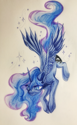 Size: 2472x4000 | Tagged: safe, artist:jsunlight, princess luna, alicorn, pony, g4, blue pupils, flying, high res, looking down, no mouth, pencil drawing, slit pupils, solo, sparkles, spread wings, traditional art, wings