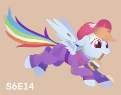 Size: 1400x1100 | Tagged: safe, artist:sion, rainbow dash, pegasus, pony, g4, the cart before the ponies, baseball cap, brown background, cap, clothes, cute, dashabetes, female, floppy ears, hat, jumpsuit, mare, mouth hold, paint, paintbrush, partially open wings, simple background, solo, windswept mane, wings