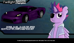 Size: 3880x2250 | Tagged: safe, artist:sparkfler85, derpibooru exclusive, twilight sparkle, alicorn, pony, g4, alternate hairstyle, broken horn, car, clothes, eyepatch, future twilight, horn, midnight club, parody, saleen, saleen s7, scar, solo, text, torn ear, twilight sparkle (alicorn)