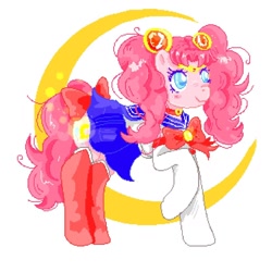 Size: 1280x1280 | Tagged: safe, artist:chckn_mad_world, pinkie pie, earth pony, pony, g4, anime, boots, clothes, collar, cosplay, costume, female, moon, pigtails, sailor moon (series), sailor senshi, sailor uniform, shoes, simple background, solo, stockings, thigh highs, twintails, uniform, white background