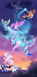 Size: 4000x8300 | Tagged: safe, artist:aledera, oc, oc only, bat pony, pegasus, pony, unicorn, bat pony oc, bracelet, eyes closed, flying, glasses, group, horn, horn ring, jewelry, looking at something, pegasus oc, ring, spread wings, unicorn oc, unshorn fetlocks, wings