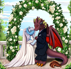 Size: 2557x2463 | Tagged: safe, artist:pridark, oc, oc only, deer, dragon, boop, deer oc, dragon oc, marriage, non-pony oc, noseboop, oc x oc, shipping, wedding