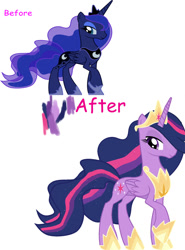 Size: 850x1149 | Tagged: safe, alternate version, artist:ldrmas, princess luna, twilight sparkle, alicorn, pony, g4, alternate design, concave belly, duo, duo female, female, older, older twilight, older twilight sparkle (alicorn), princess twilight 2.0, simple background, slender, thin, twilight sparkle (alicorn), ultimate twilight, white background