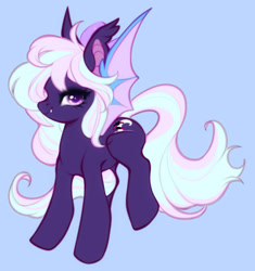 Size: 800x852 | Tagged: safe, artist:cabbage-arts, oc, oc only, oc:hollow mist, bat pony, pony, artfight, bat pony oc, blue background, bow, colored pinnae, colored pupils, colored wings, dhampir, ear tufts, eye clipping through hair, eyelashes, fangs, female, female oc, gift art, hair accessory, hair bow, long mane, long tail, looking back, mane accessory, mare, mare oc, pink bow, pjrple coat, purple eyes, purple pupils, raised leg, simple background, smiling, solo, spread wings, standing on three hooves, tail, thick eyelashes, two toned mane, two toned tail, two toned wings, wings