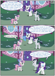 Size: 2700x3713 | Tagged: safe, artist:gm-scoots, rarity, rumble, sweetie belle, oc, oc:duchess, pegasus, pony, unicorn, comic:bleeding hearts, g4, belle sisters, carousel boutique, comic, female, filly, foal, horn, male, mare, offspring, parent:rarity, parent:thunderlane, parents:rarilane, siblings, sisters, vector used