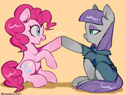 Size: 4096x3072 | Tagged: safe, artist:metaruscarlet, maud pie, pinkie pie, earth pony, pony, g4, clothes, dress, duo, duo female, female, happy, high five, hooves up, looking at each other, looking at someone, open mouth, open smile, pie sisters, raised hoof, siblings, simple background, sisters, smiling, teeth, yellow background