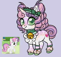 Size: 1280x1187 | Tagged: safe, artist:malinraf1615, sweetie belle, pony, unicorn, g4, alternate design, bell, bell collar, chest fluff, collar, episode needed, female, filly, foal, horn, purple background, screencap reference, simple background, solo