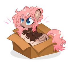 Size: 4578x4000 | Tagged: safe, artist:michiharas, oc, oc only, oc:hazel blossom, pegasus, pony, g4, absurd resolution, base used, blank flank, blue eyes, blue pupils, blushing, box, brown coat, cardboard box, coat markings, colored eartips, colored muzzle, colored pinnae, colored pupils, colored wings, commission, ear piercing, earring, emanata, eye clipping through hair, eyelashes, facial markings, female, folded wings, gradient legs, gradient mane, gradient tail, hair bun, heart, heart mark, in a box, jewelry, looking up, mare, multicolored wingtips, necklace, piercing, pink mane, pink tail, pony in a box, shadow, shiny mane, shiny tail, simple background, smiling, snip (coat marking), socks (coat markings), solo, tail, three toned ears, tied mane, two toned coat, two toned wings, wavy mane, wavy tail, white background, wings, ych result