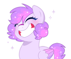 Size: 4876x4000 | Tagged: safe, artist:michiharas, oc, oc only, oc:colorful bubble, pegasus, pony, absurd resolution, art trade, bandaid, bandaid on nose, base used, big grin, blush lines, blushing, coat markings, colored wings, colored wingtips, curly mane, curly tail, emanata, eyelashes, eyes closed, facial markings, female, female oc, folded wings, grin, mare, mare oc, multicolored wings, multicolored wingtips, pegasus oc, purple blush, purple coat, short mane, simple background, smiling, snip (coat marking), solo, sparkles, sparkly mane, sparkly tail, tail, teeth, transparent background, wings