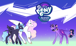 Size: 1800x1100 | Tagged: safe, artist:fhroggy, princess celestia, princess luna, twilight sparkle, alicorn, pony, unicorn, g4, alternate design, alternate eye color, coat markings, colored hooves, curved horn, dappled, female, freckles, freckluna, friendship is timeless, glasses, gradient mane, gradient tail, hooves, horn, leonine tail, raised hoof, royal sisters, siblings, sisters, sparkly tail, tail, time travel, trio, trio female, unicorn twilight