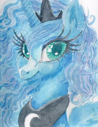 Size: 2550x3300 | Tagged: safe, artist:buttercupsaiyan, princess luna, pony, g4, anime, bust, lacrimal caruncle, painterly, painting, scanned, solo, traditional art, watercolor painting