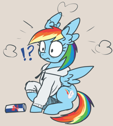 Size: 2180x2440 | Tagged: safe, artist:t72b, rainbow dash, pegasus, pony, g4, clothes, drink, energy drink, exclamation point, extra wings, female, hoodie, interrobang, mare, question mark, raised hoof, red bull, red bull gives you wings, shocked, shocked expression, simple background, sitting, solo, wide eyes, wing ears, wings