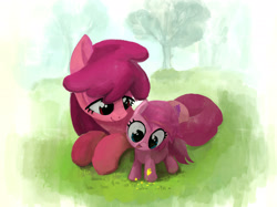 Size: 2732x2048 | Tagged: safe, artist:mandumustbasukanemen, berry punch, berryshine, piña colada, earth pony, pony, g4, /bale/, atg 2024, colored, comfy, cute, duo, duo female, female, filly, flower, foal, grass, happy, mare, newbie artist training grounds, on grass, outdoors, siblings, sisters, smiling