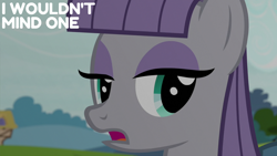 Size: 2000x1125 | Tagged: safe, edit, edited screencap, editor:quoterific, screencap, maud pie, earth pony, pony, g4, rock solid friendship, season 7, eyeshadow, female, lidded eyes, looking to the right, makeup, mare, open mouth, ponyville, solo, text