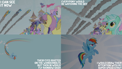 Size: 2000x1125 | Tagged: safe, edit, edited screencap, editor:quoterific, screencap, amethyst star, blaze, derpy hooves, lemon hearts, lightning bolt, lyra heartstrings, merry may, minuette, parasol, rainbow dash, rainbowshine, soarin', sparkler, surprise (g4), twinkleshine, white lightning, pegasus, pony, unicorn, g4, season 1, the ticket master, caption, flying, horn, rainbow trail, smoke trail, text