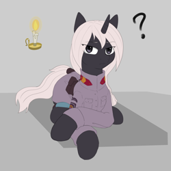 Size: 2500x2500 | Tagged: source needed, safe, artist:unchivalrous, oc, oc only, oc:psalm, pony, unicorn, equestria at war mod, fallout equestria, fallout equestria: project horizons, black coat, clothes, eyelashes, fanfic art, female, horn, mare, military uniform, question mark, solo, unicorn oc, uniform, white hair, white sclera