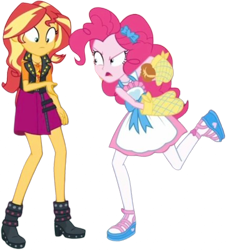 Size: 2282x2520 | Tagged: safe, edit, edited screencap, editor:mrtoonlover83, screencap, pinkie pie, sunset shimmer, human, equestria girls, g4, apron, background removed, clothes, duo, duo female, female, not a vector, oven mitts, simple background, transparent background