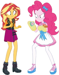 Size: 2007x2520 | Tagged: safe, edit, edited screencap, editor:mrtoonlover83, screencap, pinkie pie, sunset shimmer, human, equestria girls, g4, apron, background removed, clothes, duo, duo female, female, not a vector, oven mitts, simple background, transparent background