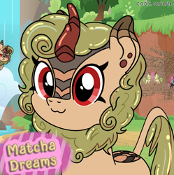 Size: 1980x1986 | Tagged: safe, artist:codenamekid, oc, oc only, oc:matcha dreams, kirin, nirik, :3, :<, cute, highlights, horn, kirin grove, kirin oc, looking at someone, looking at you, mural, scales, smol, solo, text, tree, water, waterfall