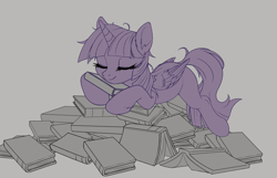 Size: 2800x1800 | Tagged: safe, artist:zetamad, twilight sparkle, alicorn, pony, g4, atg 2024, book, book nest, bookhorse, female, folded wings, gray background, hoof fluff, lineart, mare, missing cutie mark, newbie artist training grounds, pile of books, simple background, solo, spine, that pony sure does love books, twilight sparkle (alicorn), unshorn fetlocks, wings