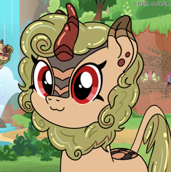 Size: 1980x1986 | Tagged: safe, alternate version, artist:codenamekid, oc, oc only, oc:matcha dreams, kirin, nirik, :3, :<, cute, highlights, horn, kirin grove, kirin oc, looking at someone, looking at you, mural, scales, smol, solo, text, textless, textless version, tree, water, waterfall