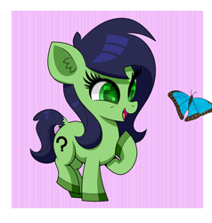 Size: 2000x2100 | Tagged: safe, artist:scandianon, oc, oc only, oc:filly anon, butterfly, earth pony, pony, female, filly, foal, open mouth, open smile, passepartout, raised hoof, smiling