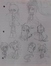 Size: 3024x3920 | Tagged: safe, artist:lnx1ynight16, pinkie pie, oc, oc:chasma, oc:gamma, oc:gerhana, oc:juniper, oc:lnx1y, oc:nova, oc:princess ika, earth pony, original species, pony, g4, arrow, dialogue, land overlander, overlander, pencil drawing, pose, smiling, talking, traditional art, water overlander, wings