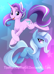 Size: 1200x1650 | Tagged: safe, artist:thenornonthego, starlight glimmer, trixie, pony, unicorn, g4, abstract background, duo, duo female, female, gradient background, horn, looking at each other, looking at someone, mare, open mouth, open smile, smiling, smiling at each other, tail