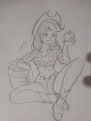 Size: 3456x4608 | Tagged: safe, artist:kenuma, applejack, human, equestria girls, g4, apple, boots, clothes, female, food, hat, humanized, shirt, shoes, shorts, sketch, solo, traditional art