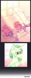 Size: 1500x3764 | Tagged: safe, artist:thenornonthego, oc, oc only, oc:maple blush, oc:shimmer quill, pony, unicorn, couch, crepuscular rays, duo, eyes closed, female, floppy ears, high res, horn, indoors, lying down, male, mare, on side, sleeping, smiling, stallion, sunlight, sweat, unicorn oc, window