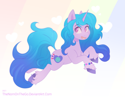 Size: 3173x2500 | Tagged: safe, artist:thenornonthego, izzy moonbow, pony, unicorn, g5, my little pony: a new generation, abstract background, bracelet, colored hooves, female, gradient background, heart, high res, horn, jewelry, looking back, mare, no pupils, open mouth, open smile, simple background, smiling, solo, tail, unshorn fetlocks, white background