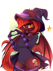 Size: 2562x3440 | Tagged: safe, artist:thenornonthego, oc, oc only, oc:love charm, bat pony, anthro, anthro oc, bat pony oc, bat wings, breasts, cape, clothes, collar, evening gloves, fangs, female, gloves, hat, heart hands, high res, jewelry, leotard, long gloves, looking at you, open mouth, open smile, pendant, slit pupils, smiling, smiling at you, socks, solo, spread wings, stockings, striped socks, striped stockings, thigh highs, wings, witch hat