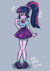 Size: 1240x1754 | Tagged: safe, artist:jully-park, part of a set, sci-twi, twilight sparkle, equestria girls, g4, my little pony equestria girls: better together, clothes, cutie mark on clothes, female, geode of telekinesis, gray background, legs together, magical geodes, pigeon toed, ponytail, sci-twi skirt, simple background, skirt, solo