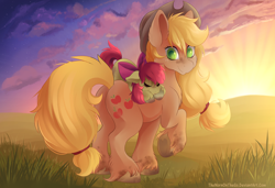 Size: 3000x2048 | Tagged: safe, artist:thenornonthego, apple bloom, applejack, earth pony, pony, g4, adorabloom, apple bloom riding applejack, apple bloom's bow, apple sisters, applejack's hat, bow, cloud, cowboy hat, cute, duo, duo female, eyes closed, female, filly, foal, freckles, grass, grass field, hair bow, hat, high res, hoof heart, jackabetes, mare, outdoors, ponies riding ponies, raised hoof, riding, riding a pony, siblings, sisters, sky, sleeping, smiling, stetson, sunset, tail, underhoof, unshorn fetlocks