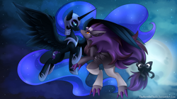 Size: 1920x1080 | Tagged: safe, artist:thenornonthego, nightmare moon, alicorn, pony, zoroark, g4, 2018, commission, concave belly, crossover, crossover shipping, duo, duo female, ethereal mane, ethereal tail, eye contact, female, full moon, helmet, hoof shoes, horn, lesbian, looking at each other, looking at someone, mare, moon, peytral, pokémon, princess shoes, profile, shipping, side view, sky, slender, smiling, smiling at each other, spread wings, stars, tail, thin, wings