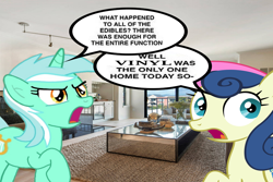 Size: 1920x1280 | Tagged: safe, artist:epicheavytf2, artist:pyrogaming, bon bon, lyra heartstrings, sweetie drops, earth pony, pony, unicorn, g4, absolutenutcase162, angry, background pony, conversation, couch, duo, duo female, female, horn, implied drug use, implied drugs, implied vinyl scratch, irl, living room, looking back, mare, meme, palindrome get, photo, shitposting, speech bubble, talking, text, wrong aspect ratio