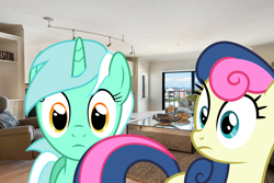Size: 1920x1280 | Tagged: safe, artist:epicheavytf2, artist:pyrogaming, bon bon, lyra heartstrings, sweetie drops, earth pony, pony, unicorn, g4, absolutenutcase162, background pony, couch, duo, duo female, female, horn, irl, living room, mare, meme, photo, shitposting, wrong aspect ratio