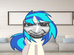 Size: 800x600 | Tagged: safe, artist:epicheavytf2, artist:pyrogaming, dj pon-3, vinyl scratch, pony, unicorn, g4, absolutenutcase162, ao oni, couch, female, high as a kite, high as fuck, horn, irl, living room, looking at you, mare, meme, photo, shitposting, solo, wrong aspect ratio