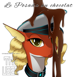 Size: 2000x2000 | Tagged: safe, artist:theuser, oc, oc only, oc:posada, seapony (g4), equestria at war mod, g4, bust, chocolate, female, food, frown, hat, high res, le fishe, looking at you, meme, seapony oc, signature, simple background, solo, white background