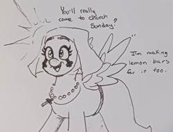 Size: 2048x1567 | Tagged: safe, artist:pony quarantine, oc, oc only, oc:sister slappy, pegasus, pony, clown, clown makeup, cross, cross necklace, dialogue, female, grayscale, jewelry, mare, monochrome, necklace, nun, open mouth, open smile, pen drawing, smiling, solo, spread wings, traditional art, wings