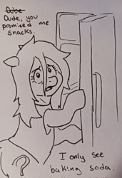 Size: 1401x2048 | Tagged: safe, artist:pony quarantine, oc, oc only, oc:anon-mare, earth pony, pony, dialogue, female, floppy ears, frown, grayscale, mare, monochrome, open mouth, pen drawing, refrigerator, solo, talking to viewer, traditional art