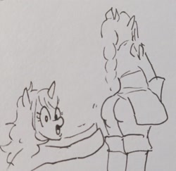 Size: 2048x1987 | Tagged: safe, artist:pony quarantine, oc, oc only, oc:shadow heart, oc:tizzu, human, pony, unicorn, ass, butt, duo, duo female, female, grayscale, horn, monochrome, open mouth, pen drawing, traditional art