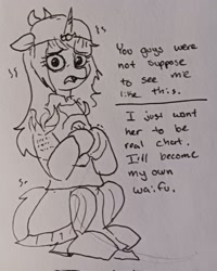 Size: 1638x2048 | Tagged: safe, artist:pony quarantine, oc, oc only, oc:tizzu, pony, unicorn, clothes, cosplay, costume, dialogue, frown, grayscale, horn, monochrome, open mouth, pen drawing, shivering, sitting, solo, talking to viewer, traditional art