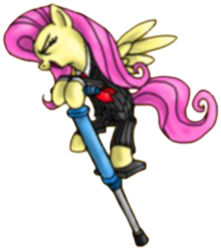 Size: 1080x1223 | Tagged: safe, fluttershy, pegasus, pony, g4, clothes, eyes closed, female, mare, necktie, open mouth, pants, pogo stick, shirt, shirt with a collar, simple background, solo, spread wings, suit, transparent background, wings