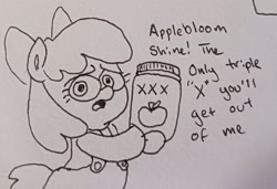 Size: 2048x1401 | Tagged: safe, artist:pony quarantine, apple bloom, earth pony, pony, g4, alcohol, clothes, dialogue, grayscale, hoof hold, monochrome, moonshine, overalls, pen drawing, solo, talking to viewer, traditional art